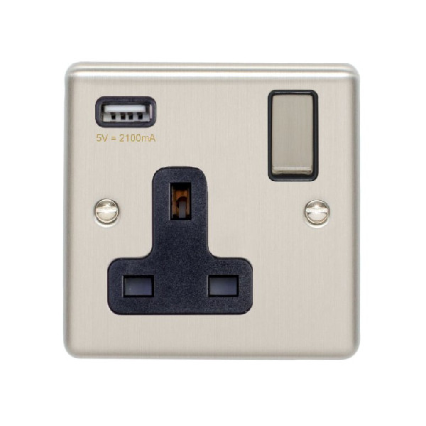 Switched Socket & USB Outlet - Stainless Steel - 1 Gang - 1 Way - (EN1USBSSB)