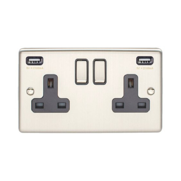 Switched Socket & USB Outlet - Stainless Steel - 2 Gang - 2 Way - (EN2USBSSB)