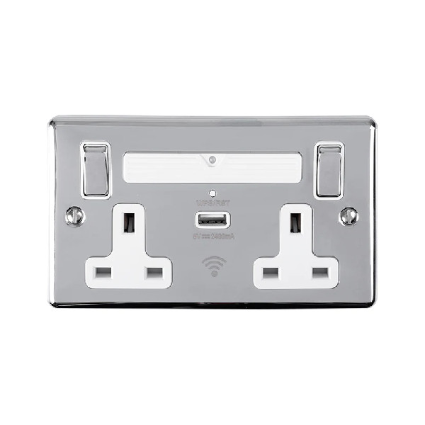 Switched Socket & Wi-Fi Extender - Polished Chrome - 2 Gang - (ENWIFIPCW)