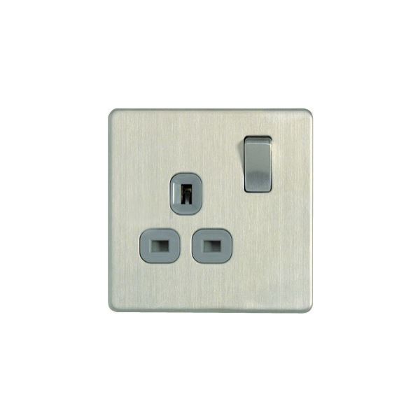 Flatplate Switched Socket | Brushed Steel | Woodlands DIY Store